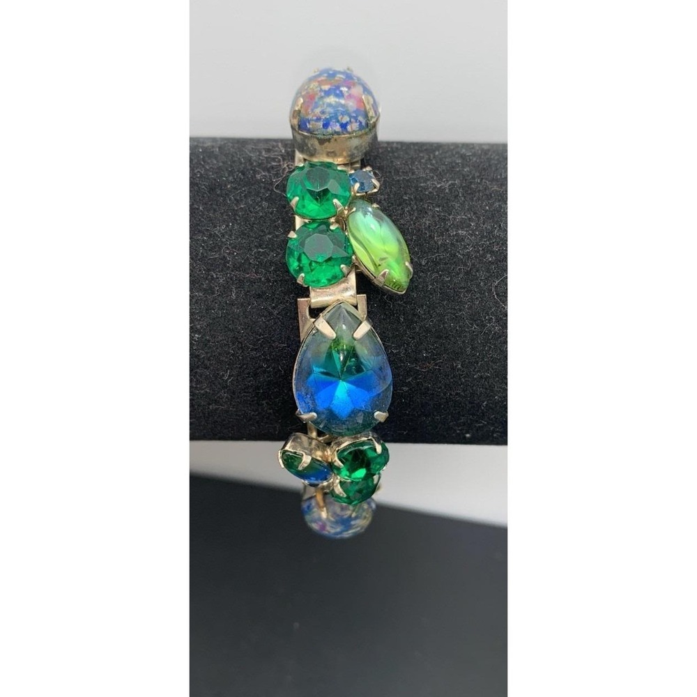 Vintage Weiss German Foiled Art Glass In Greens & Blues Silver Tone Bracelet